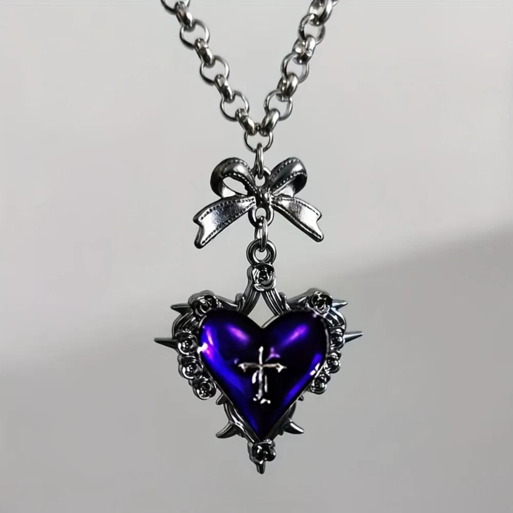 

Темное готическое панк ожерелье с крестом, винтажная цепочка на ключицу с бантом любви, подходит для подарка, ношения на праздник, повседневной носки фиолетовый