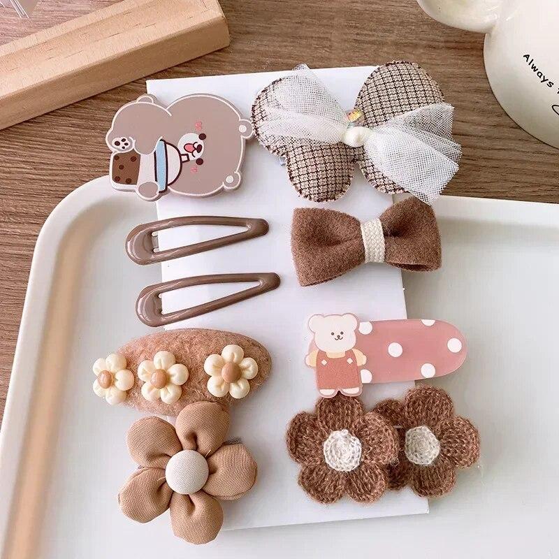 9-10pcs/set Lovely Hair Clip Hair Band Set for Toddler Girl Retro Milk Coffee Color Hairpin Hair Rope Set Kawaii Kids Headwear