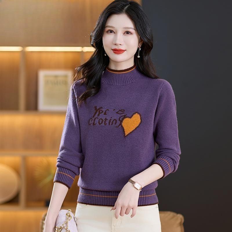 Women's Thickened Wool Sweater Autumn Winter Half-High Neck Printed Wool Sweater Loose Knit Pullover Top