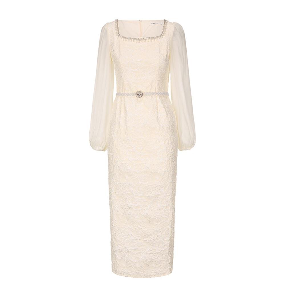 Elegant Summer Autumn Long Dress for Women Vintage Beaded  Formal Evening Jacquard Pencil Dresses