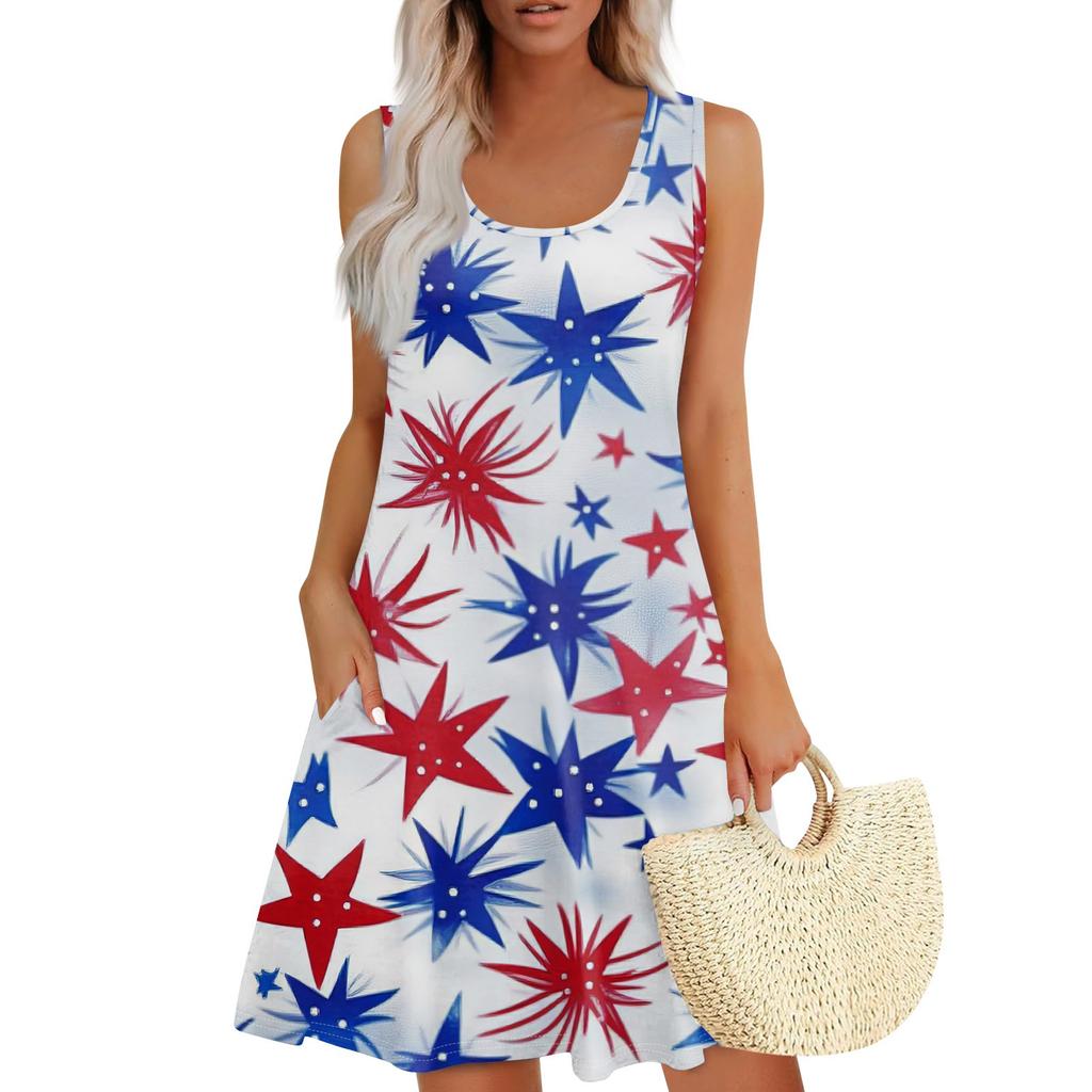Women's Summer Casual Square Neck Independence Day Printed Dress Sleeveless Dress With Pockets