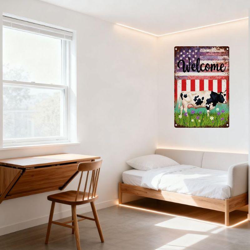 Vintage Rustic Welcome Metal Sign, American Flag & Dairy Cow Farmhouse Wall Decor, Distressed Aged Tin Plaque for Country Home G