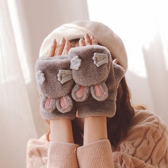 Women Winter Plush Gloves Thickened Warm Fuzzy Rabbit Mittens Girls Convertible Winter Fingerless Mittens