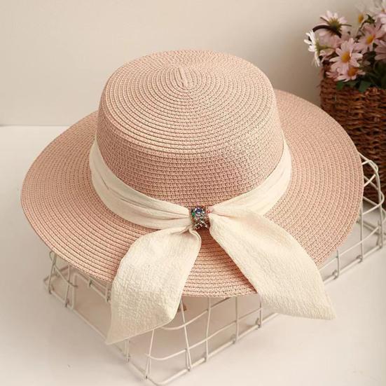 Straw Hat Lightweight Breathable Flat Top Wide Brim Sun Protection Hat Metal Buckle Ribbon Decorated Hat Summer Beach Hat