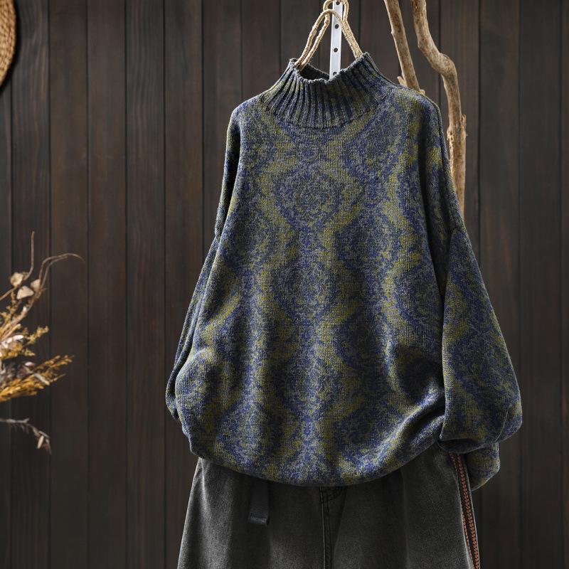 Vintage Ethno-Print Damen Halbhoher Kragen Übergröße Locker Gestrickter Pullover für Herbst/Winter
