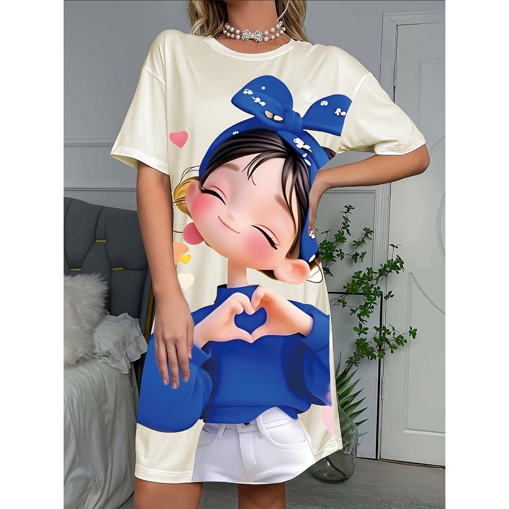 Blue girl patterned floral round-neck short-sleeved dress with hand symbol design