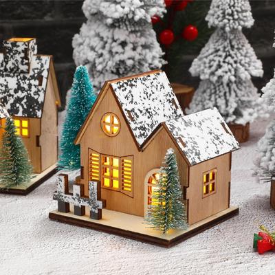 LED Wooden Christmas House Village Unfinished Xmas Snow House DIY Wood Chalet Tree Ornaments Christmas Table Nterpies