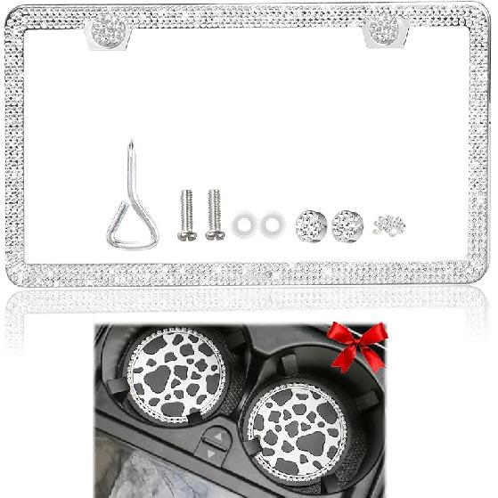 2 Pack Black Bling License Plate Frames For Women, Sparkly Rhinestone Diamond License Plate Frame Glitter Bedazzled Car License Plate Cover Holder Not GiftBox - Clear 1