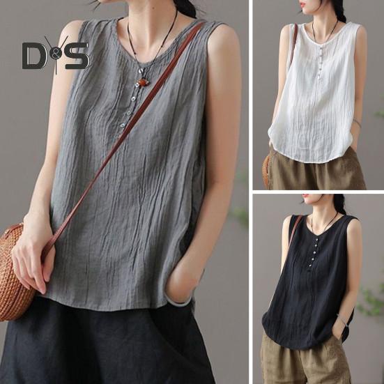 Dámská letní vesta s kulatým výstřihem, bez rukávů, s knoflíkovou ozdobou, tílka jednobarevná, volného střihu, tenká, tílko, streetové oblečení