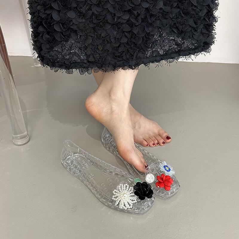 Fashion Transparent Crystal Jelly Sandals Hollow Out Slippers Korean Style Flat Shoes Women's Square Toe Shallow Slip on Ballet Loafers