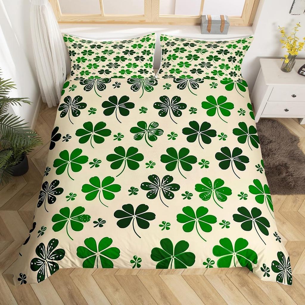 St. Patrick'S Day Duvet Cover Full Queen Spring Gnomes Comforter Cover 2/3 Pcs Green Botanical Leaves Flower Clover Bedding Set