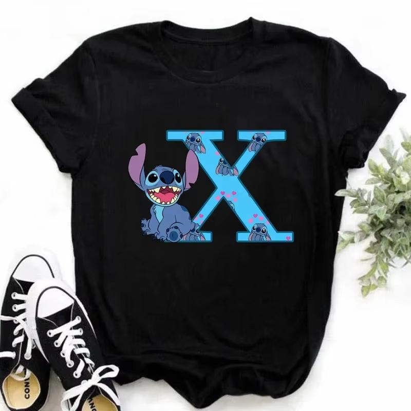 T-shirt pour femme Alphabet A-Z Kawaii Dessin Animé Imprimé Manches Courtes T-shirt Femme Disney Été Décontracté Vêtements Dessin Animé T-shirt