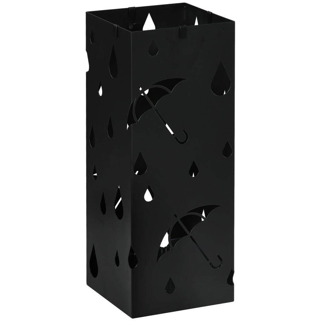 Steel Umbrella Stand, Square Umbrella Holder with 4 Hooks and Removable Drip Tray, Hollowed Umbrella Basket for Hallway, Black