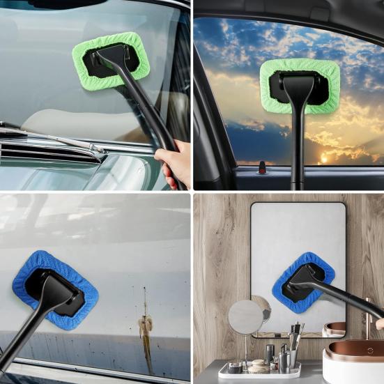 Windshield Cleaning Tool 16-inch Long Rod Window Wiper with 3 Microfiber Cloth Pads Auto Glass Cleaning Brushes Car Interior Cleaner Kit
