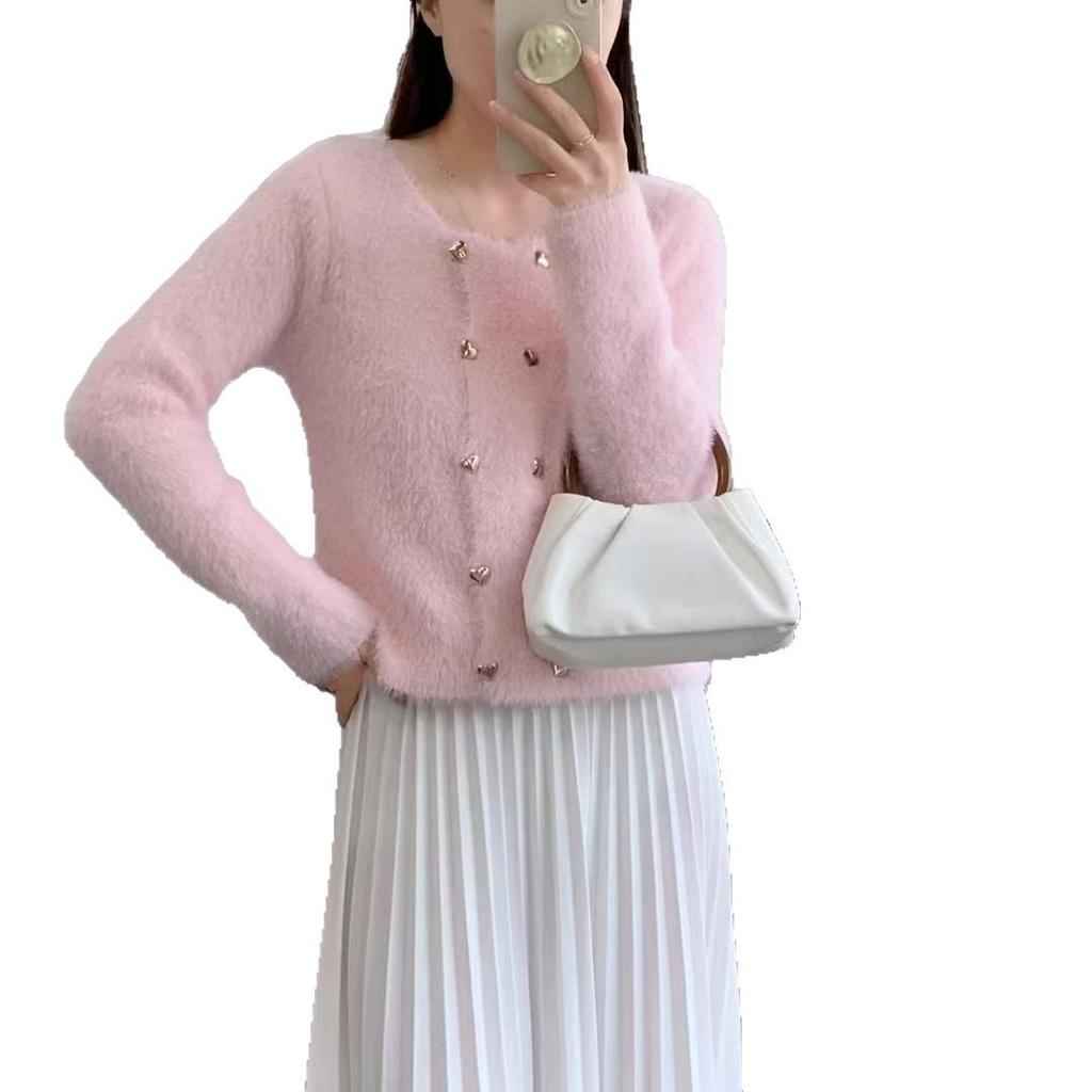 French small fragrant style imitation mink knitted cardigan women's autumn and winter temperament elegant round neck solid color double-breasted