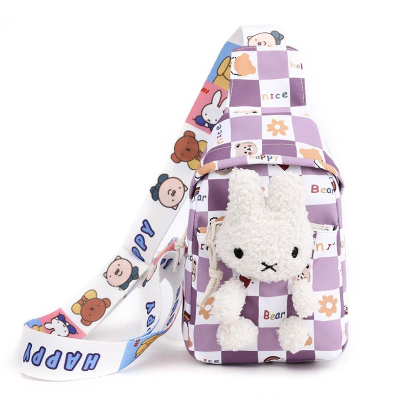 Trendy Checkerboard Nylon Children's Backpack Adorable Cartoon Doll Bag For Kids