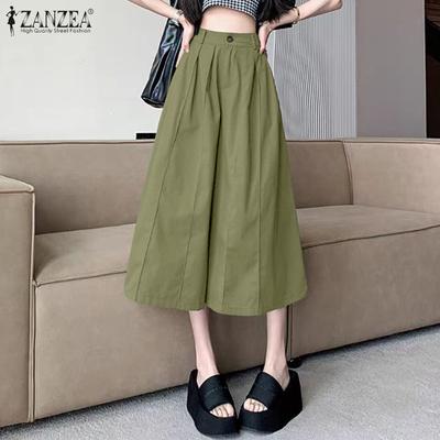 Women Casual Solid Color Loose Wide Leg Capri Pants