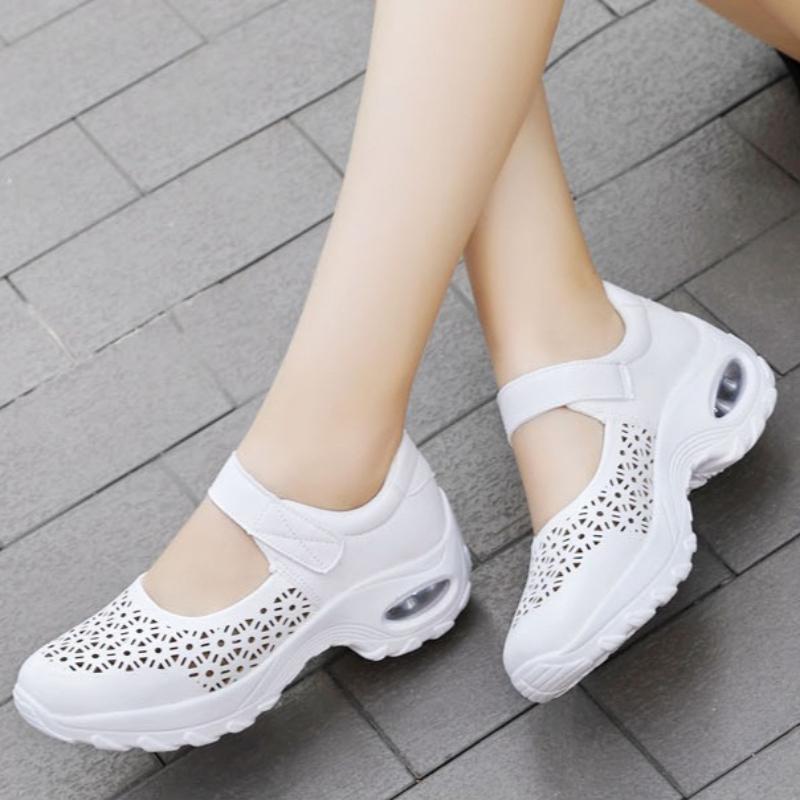 Breathable Women's Walking Shoes Hollow-out Platform Shoes Air-cushion Ladies Casual Shoes Elastic Wedges