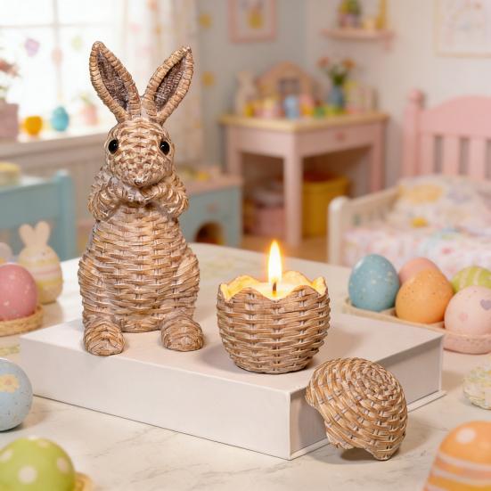 Yousheng Bunny Decoration Rattan Effect Resin Candle Holder Imitation Rattan Texture Easter Bunny Ornament Resin Figurine Home Table