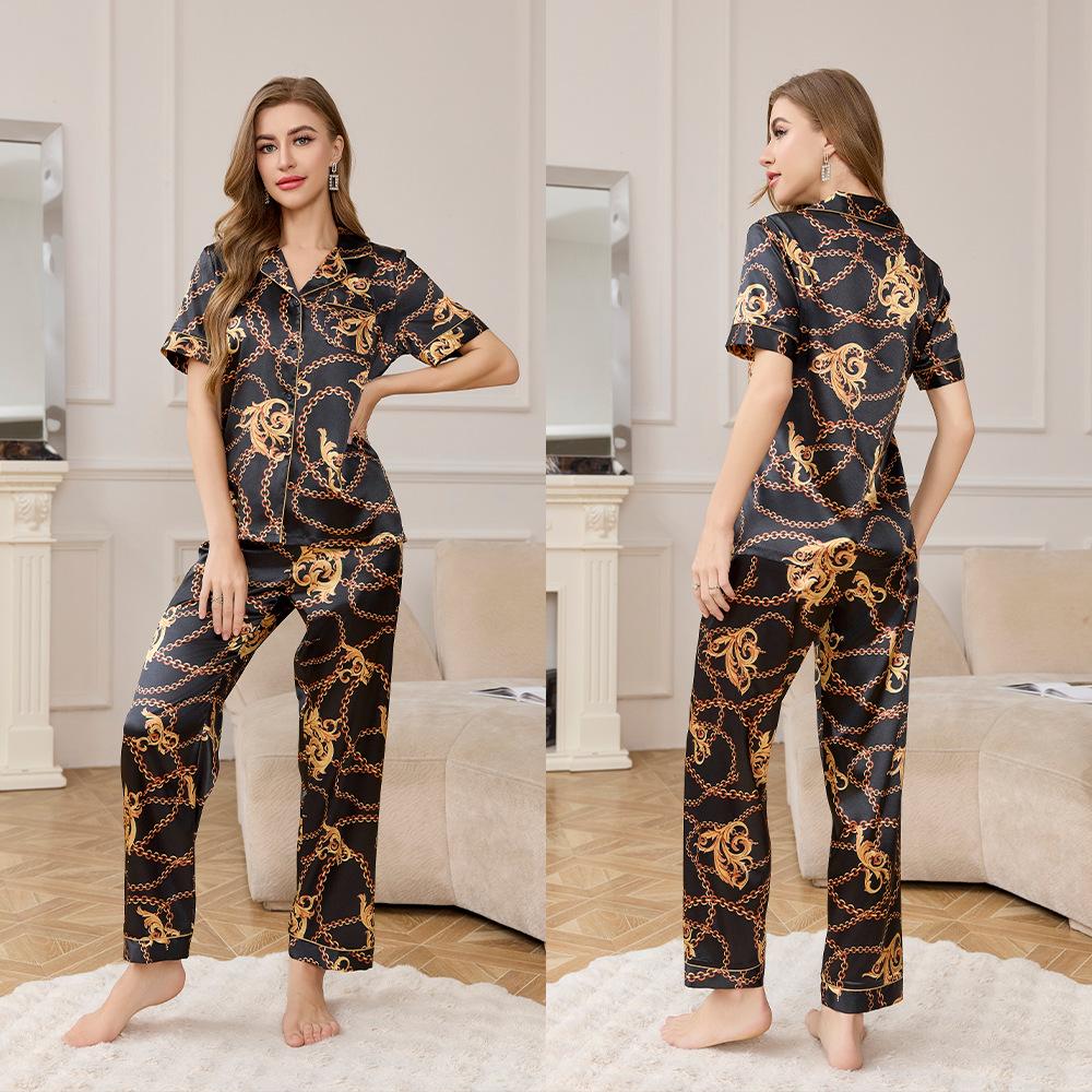 Yaoting ice silk pajamas women's summer short-sleeved trousers loungewear set high-end printing two-piece set TZ1111