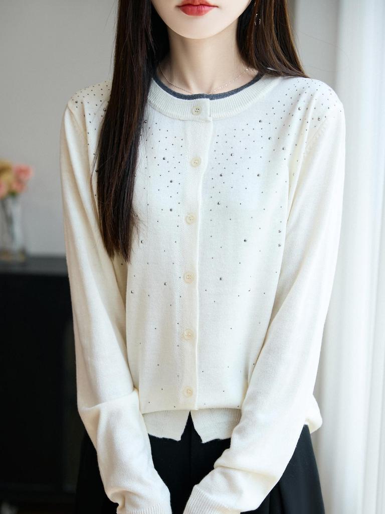 Luxury Rhinestone Wool Cardigan, Colorblock Collar Design, Versatile Women's Autumn/Winter Sweater