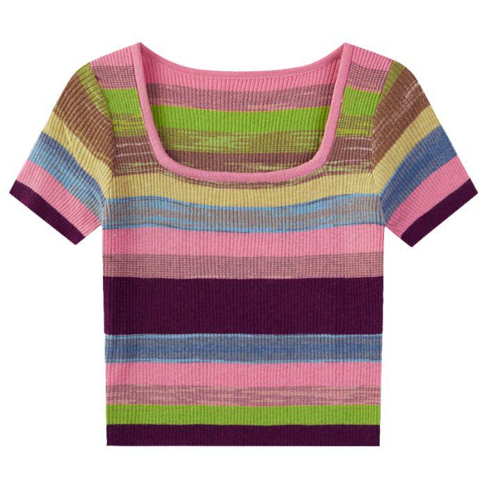 

Трендовая футболка с квадратным вырезом, цветными блоками и радужной полоской, стройнящая One Size [Fits up to 125 jin]