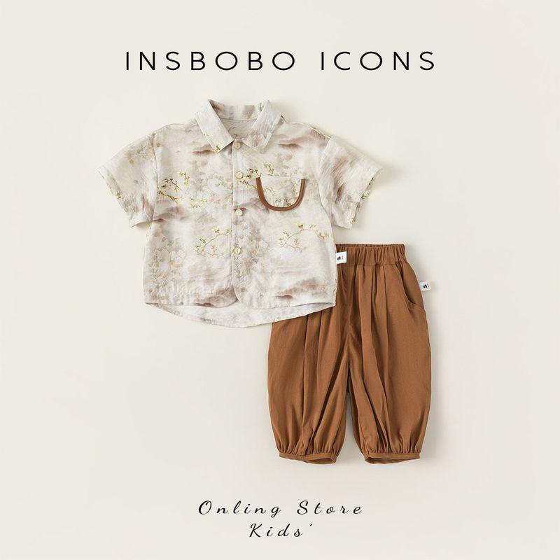 Insbobo Boys  Summer Outfit 2026 New Children s Shirt Two-Piece Set New Chinese Style Clothing National Style Children s Clothing Curry color 100