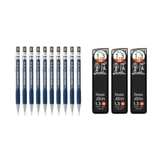 Pentel Sharp Pencil Mark Sheet AM13-HB (10-pack) with Pentel Ain 1.3mm 2B Lead Refills (3-pack) AMZ-XC28132B3P