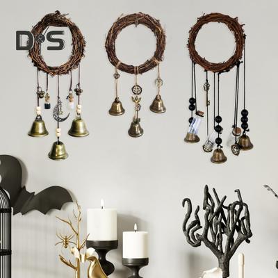 Door Knob Witch Bell Home Protection Handmade Hanging Brass Bell Wishing Bottle Rattan Wreath Witchcraft Door Hanger Wicca Wind Chime Decoration
