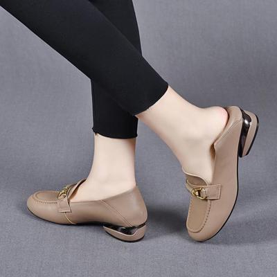 Women's Shoes Autumn New First Layer Cowhide Round Head Metal Buckle Shallow Mouth Flat Shoes Comfortable