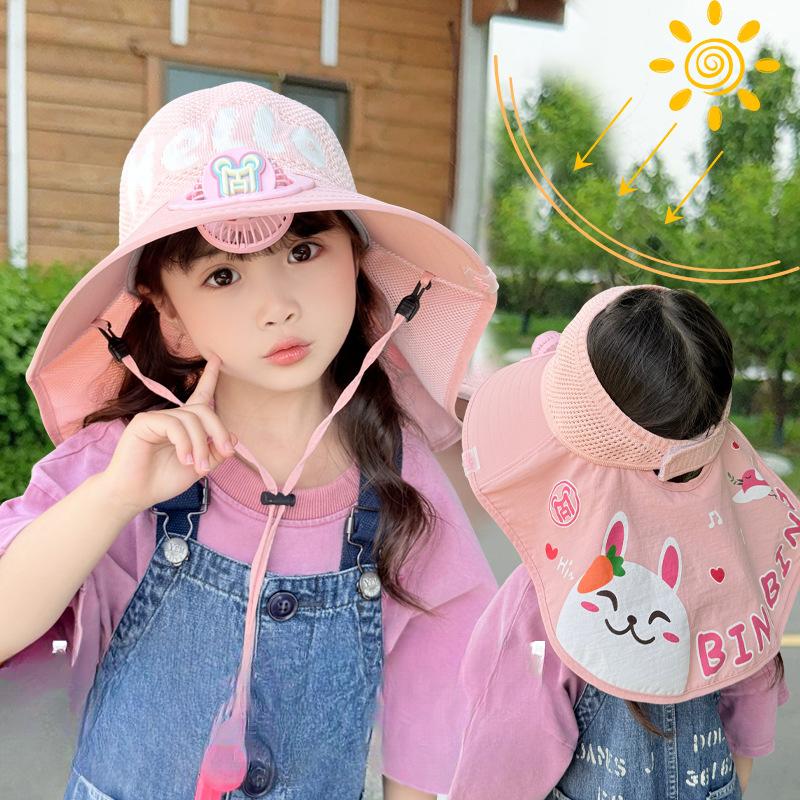 Children's Hat with Fan Shawl Hat In Summer Large Brim Boys and Girls Breathable Sun Protection Outdoor Sun Hat