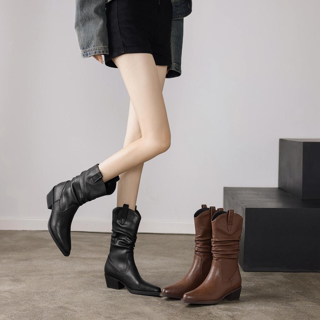 Krazing Pot Genuine Leather Autumn Winter Shoes Med Heels Size 41 Western Boots Pointed Toe Slip on Ankle Boots