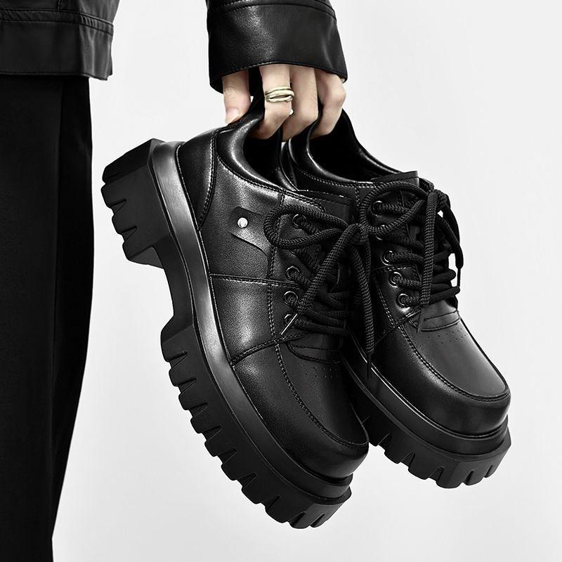 Men's Korean-Style Height-Boosting Genuine Leather Derby Shoes with Thick Sole
