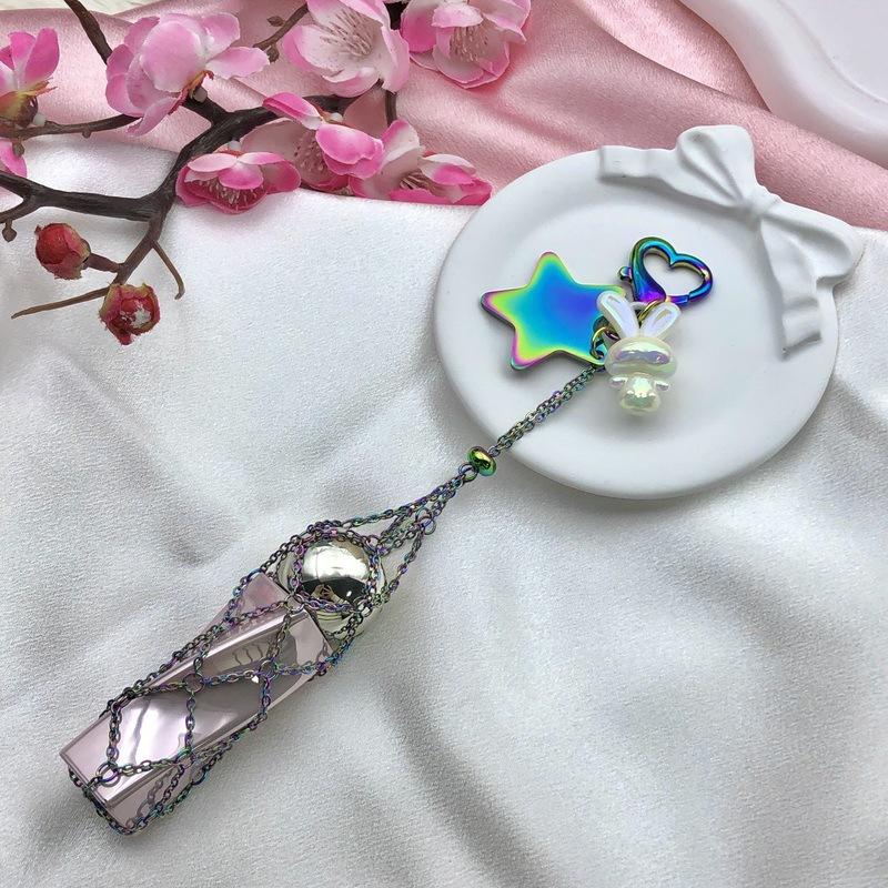 

Custom Ins Colorful Stainless Steel Keychain Portable Lipstick Mesh Pocket Keyring Portable Folding Ladies Key Chain Ring Gift