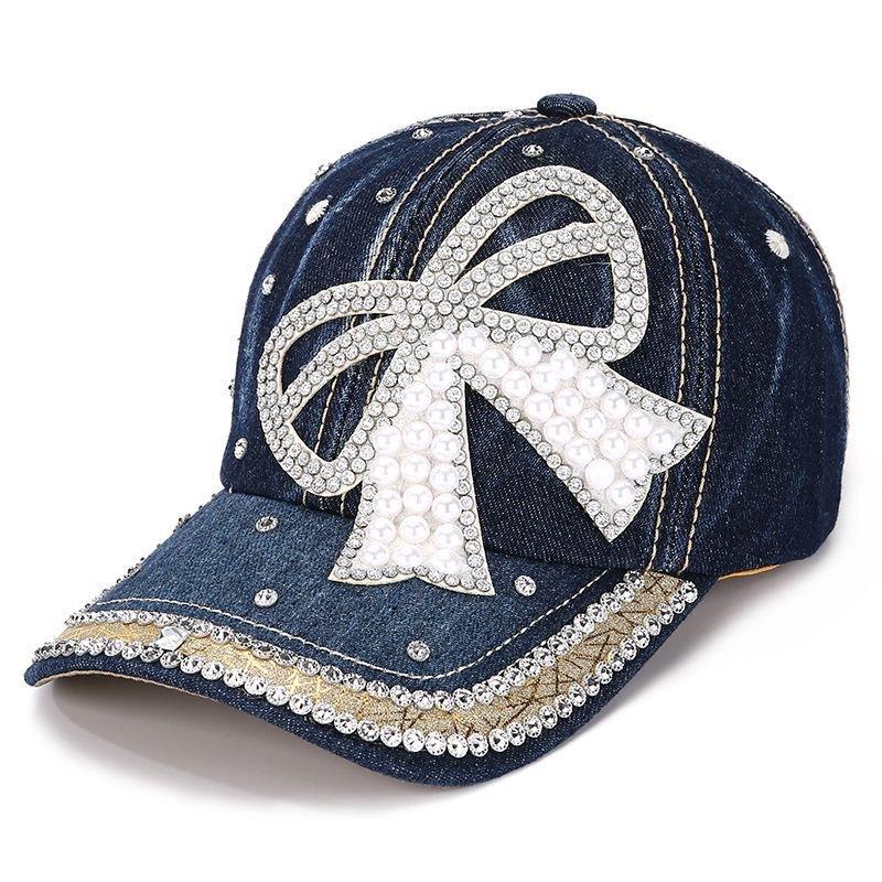 Damen Jeans Baseballkappe mit Perlen und Strasssteinen, Verstellbarer Bling-Sonnenhut für Outdoor, Reisen, Tägliches Tragen, Modische Streetwear