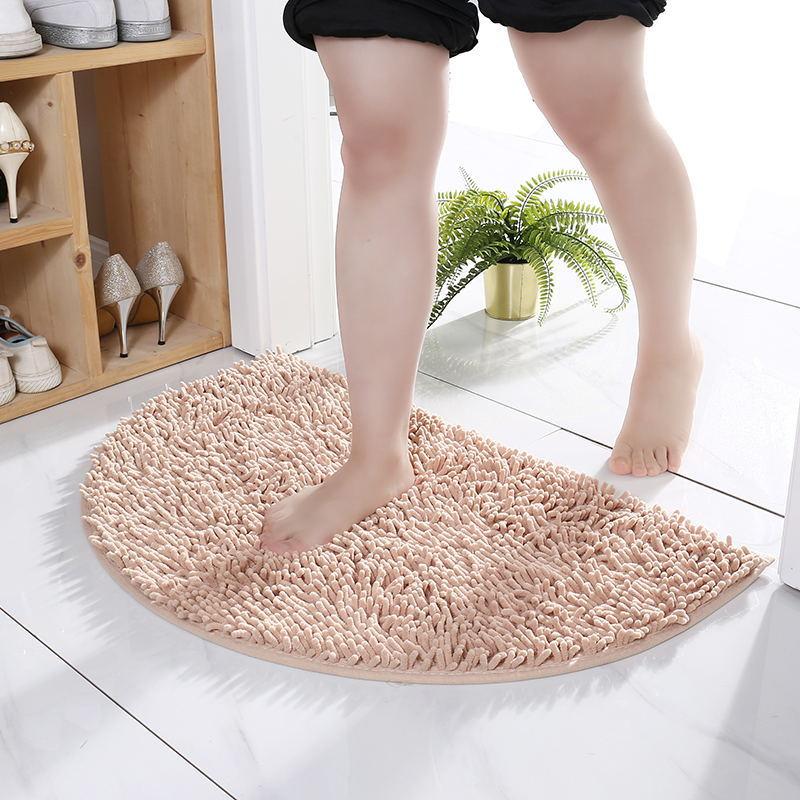 Inyahome Non-Slip Shaggy Chenille Half Round Bathroom Rug Soft Microfibers Bath Mat with Water Absorbent Machine Washable Blue