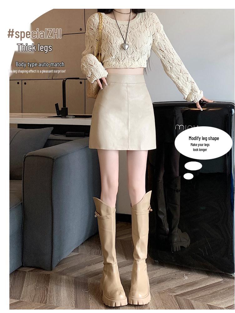 Black A-line High-waisted PU Leather Skirt: Women's Spring/Autumn Slimming Mini with Anti-exposure Design