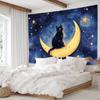 Night Sky Cat Tapestry, Watercolor Print with Black Cat On Crescent Moon, Wall Art for Living Room, Dreamy Cottagecore Decor
