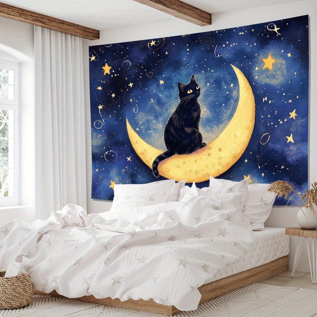 Night Sky Cat Tapestry, Watercolor Print with Black Cat On Crescent Moon, Wall Art for Living Room, Dreamy Cottagecore Decor
