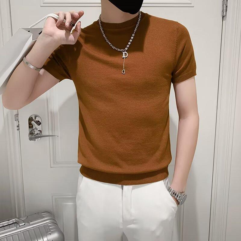 Knitted Sweater T-Shirt Men'S Short-Sleeved Korean Version Slim-Fitting Inside Trendy Knitted Bottoming Shirt Half-Sleeved T