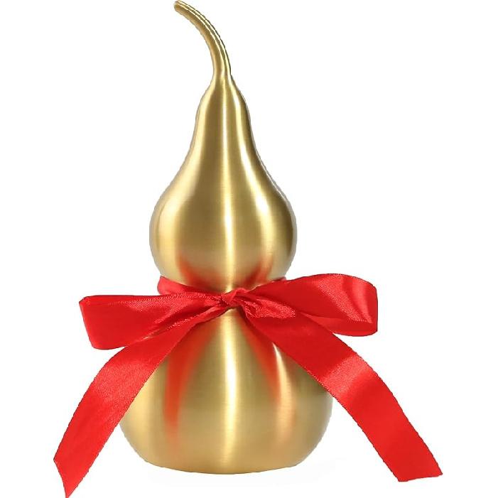 Feng Shui Decor Statue,Wu Lou Brass Gourd,with Red Luck Strip for Ideal Home Decoration,Collectible Figure Charm Amulet,6.36inch Tall,Full Brass,Hu