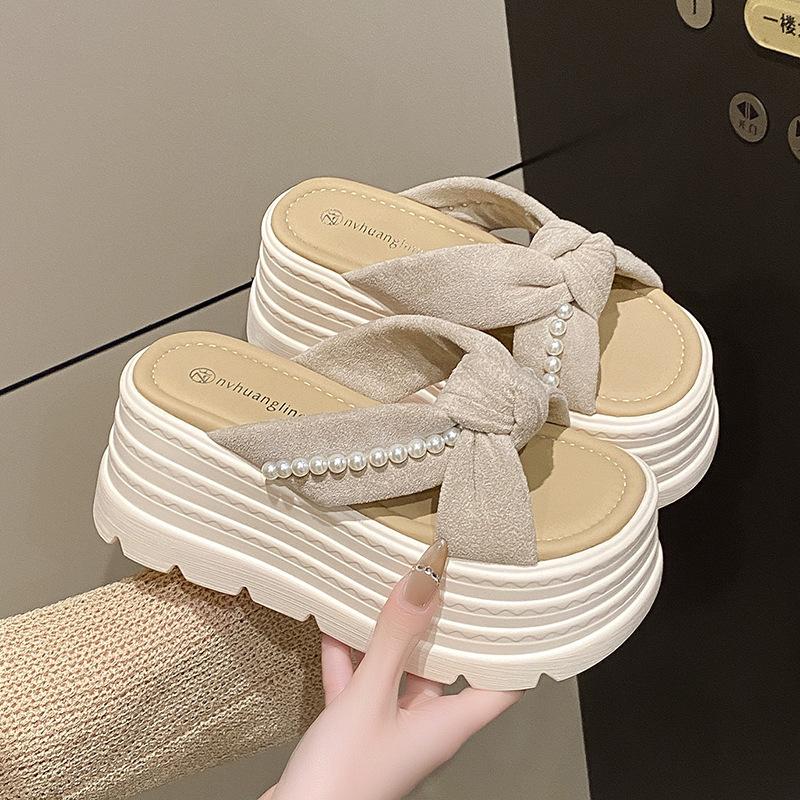 Thick-bottomed Pearl Slippers Women's Fashion Outer Wear 2025 Summer New Versatile Height Increase 9cm Bow Muffin Sandals