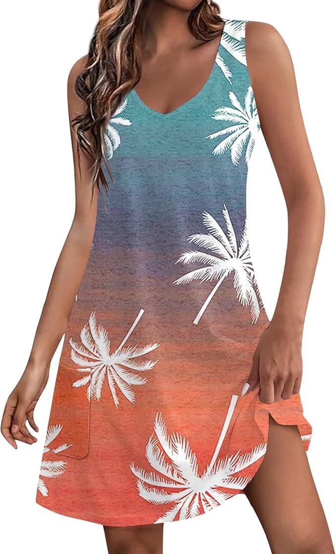 

Women s Casual Digital Printing V-Neck Dress Vest Skirt with Pocket Beach Dress L3