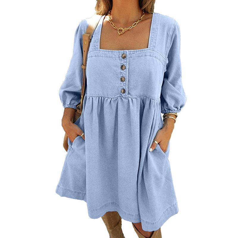 

American Shiying Loose Cover Your Belly with High Waist Short Skirt Women 2025 Early Spring New Arrival Solid Color Buttons Square Collar Dress Blue XL code fits (70.00 kg-75.00 kg