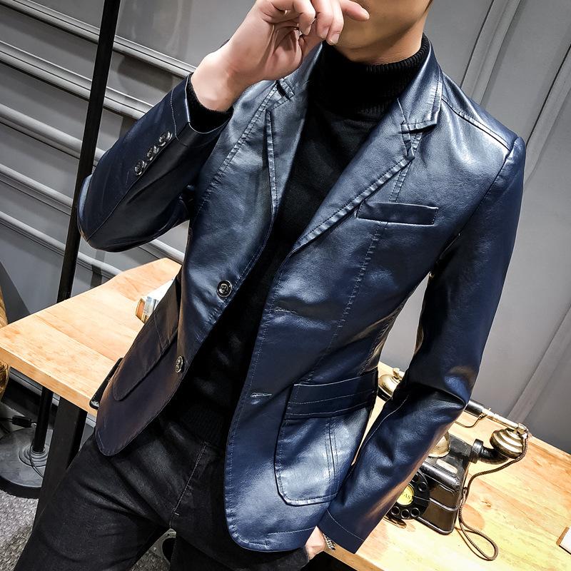 Spring PU Leather Men Youth Slim Suit Collar Leather Jacket Men Business Casual Men Leather Coat Men