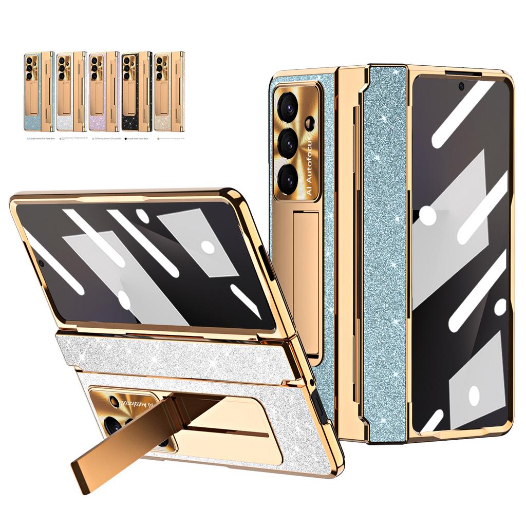 Shiny Rhinestone Bling Plated Bezel Hinged Glass Protective Film Case For Samsung Z Fold 7 Fold7 Galaxy Z Fold 6 5 4 Slim Cover