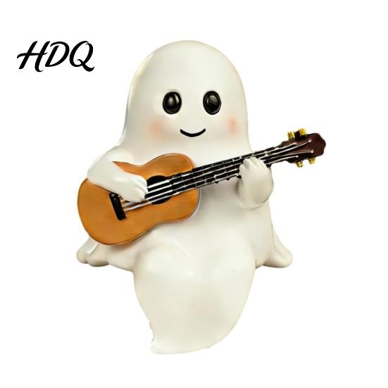 Bedside Atmosphere Light Halloween Ghost Figurine with LED Light Resin Witch Hat Statue Niche Aesthetic Ornament Guitar/Book Cute Luminous Sculpture