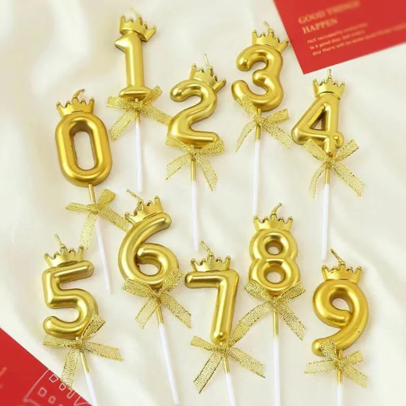 Golden Crown 0-9 Digital Number Candles, Cake Decor Candles for Wedding Birthday Party, Beautiful Cake Decoration Supplies
