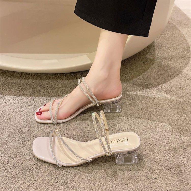 French rhinestone slippers summer wear with skirt middle heel sandals fairy style sandals