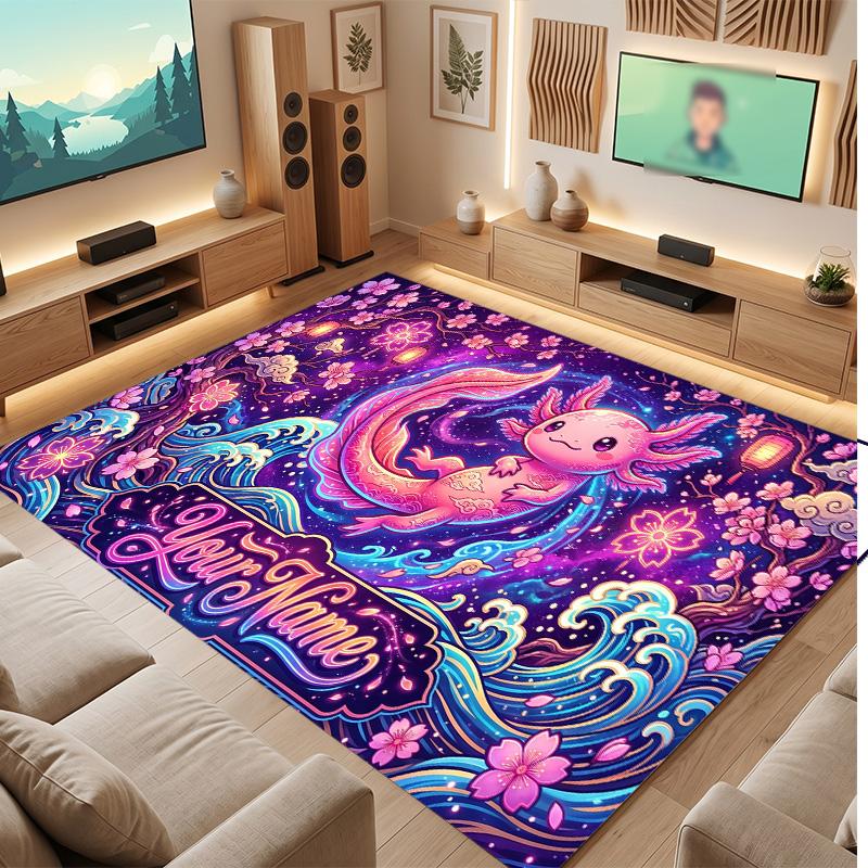 Axolotl Theme Soft Crystal Velvet Rug Custom Name & Text Print Non Slip Floor Rug for Bedroom Living Room